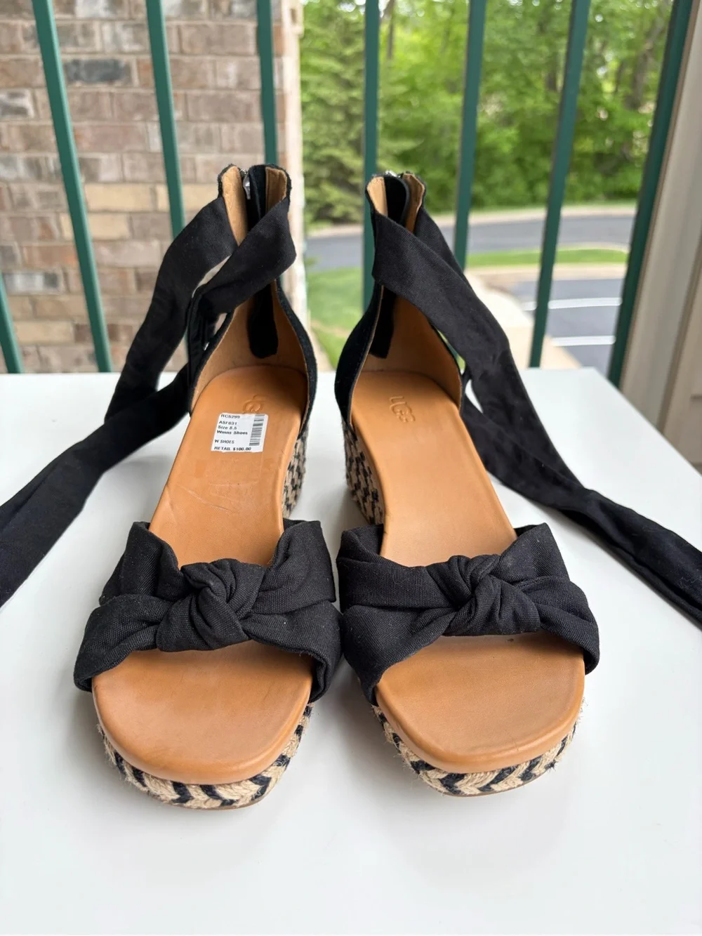 🆕🖤UGG Black Espadrille Wedge Sandals Lace-Up Ankle Tie Platform Shoes Size 8.5 - Picture 5 of 13
